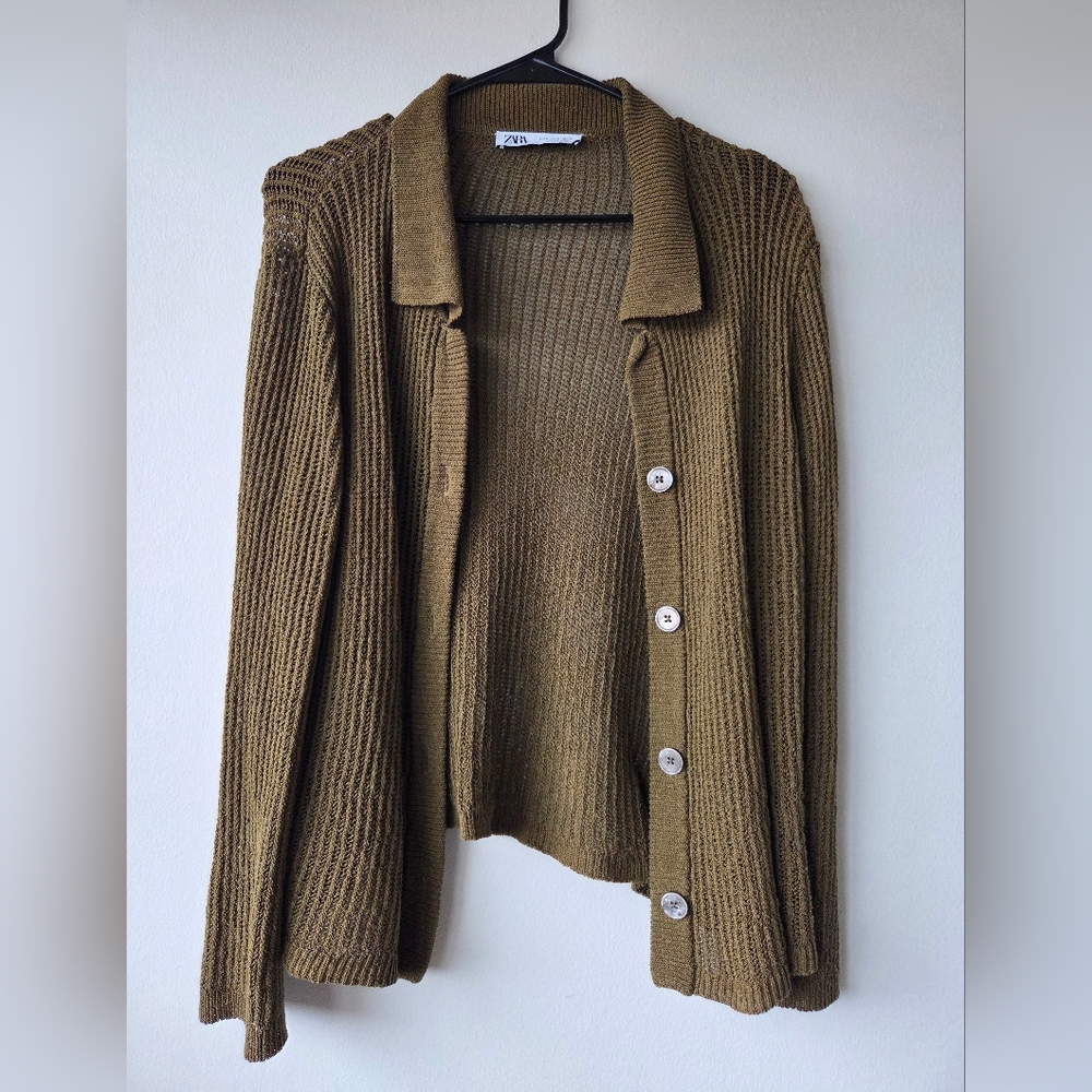 Zara Womens Olive Ribbed Knitted Cardigan Size S